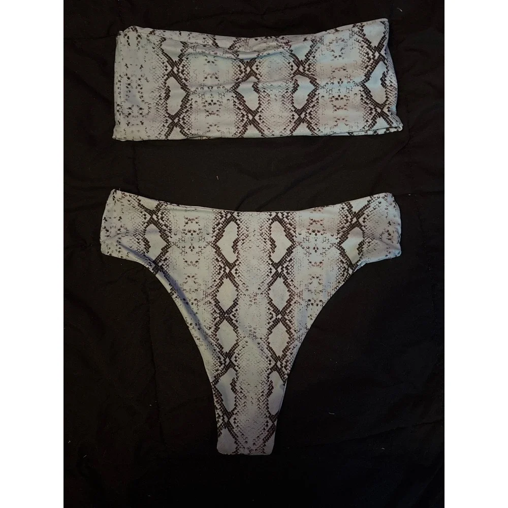 Women's Blue & Black Snakeskin Print‎ Bandeau Bikini Set, Size Large